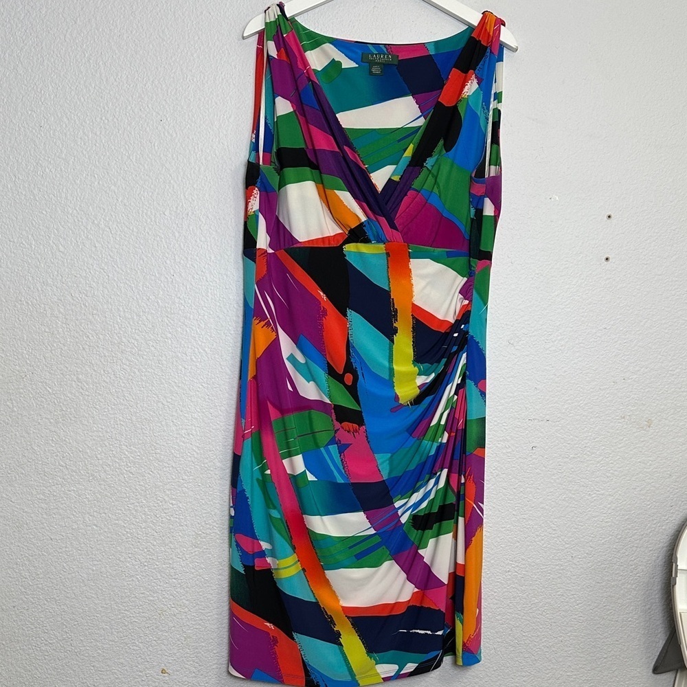 Lauren Ralph Lauren Abstract‎ Ruched Stretch Multicolor Dress Sleeveless READ